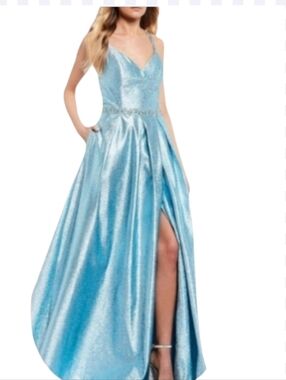 Coya Collection Beaded Waist High Slit V-Neck Prom Ball Gown Dress Ice Blue XS